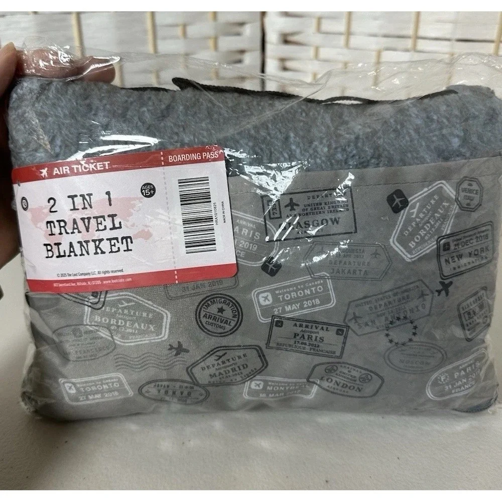 The Loot Company 2 In 1 Travel Blanket Gray/Blue Fleece NWT